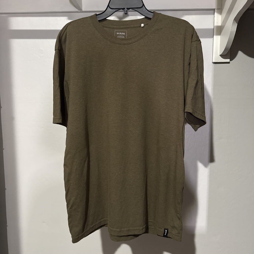 Prana Womens XL Olive Green Stretch Crew Neck Short Sleeve T-Shirt Athletic Fit